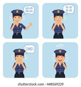 Set of policewoman characters showing different emotions. Cheerful police officer laughing, surprised, in love, showing thumb up gesture. Flat style vector illustration