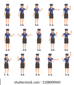 Set of policewoman characters showing diverse hand gestures. Policewoman showing thumb up, victory hand, stop, point, greet and other gestures. Flat design vector illustration