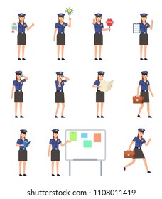 Set of policewoman characters showing various actions. Policewoman holding stop sign, document, reading, talking on phone and showing other actions. Flat design vector illustration