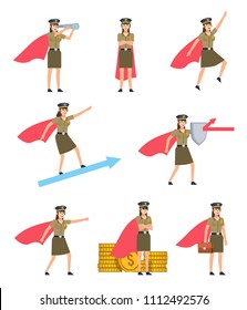 Set of policewoman characters with superhero cloak showing various actions. Super policewoman protecting, flying, holding spyglass and showing other actions. Flat design vector illustration