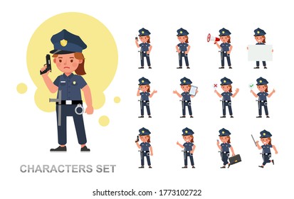 Set of Policewoman kid working character vector design. Presentation in various action with emotions, running, standing and walking. 