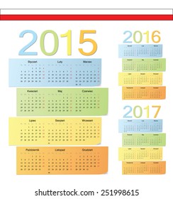 Set of Polish 2015, 2016, 2017 color vector calendars. Week starts from Monday.