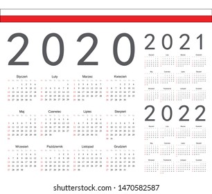 Set of Polish 2020, 2021, 2022 year vector calendars. Week starts from Sunday.