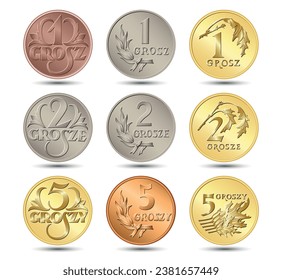 Set of Polish coin. One coin, two coin, five coin. Vector illustration.