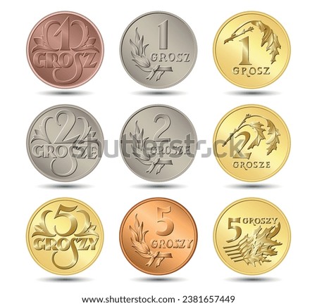 Set of Polish coin. One coin, two coin, five coin. Vector illustration.