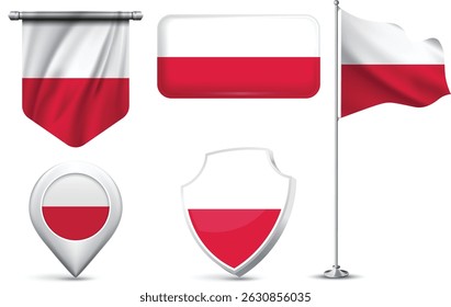 Set of Polish Flags in Different Shapes and Styles