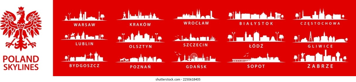 Set of polish skylines. Collection of big cities in Poland, eastern europe, Szczecin, Krakow, Wroclaw, Lublin, Olsztyn, Warsaw, Bydgoszcz, Poznan, Gdansk, Bialystok, Lodz