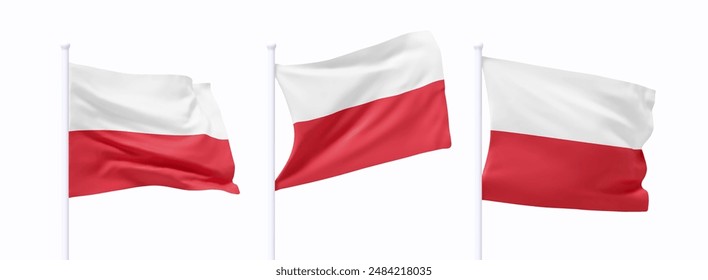 Set of Polish waving flag on flagpole. Realistic 3d design flag flies on the wind on isolated white background. vector illustration