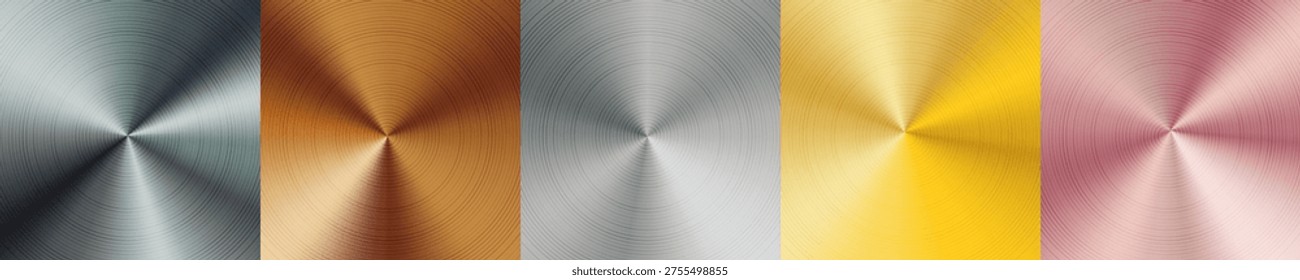 Set of polished metal radial gradient. Silver, gold and bronze color square templates. Iridescent foil surface. Great for web design, banner, poster