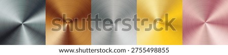 Set of polished metal radial gradient. Silver, gold and bronze color square templates. Iridescent foil surface. Great for web design, banner, poster