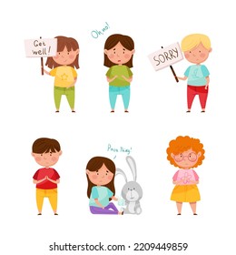 Set Of Polite Little Children Apologizing. Boys And Girls Expressing Regret. Kids Having Good Manners Cartoon Vector Illustration