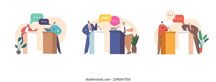 Set Political Debate, Concept With Two Candidates Speaking Behind the Desks, Fighting For Leadership And Conquering Power, Characters Calling To Vote For Them. Cartoon People Vector Illustration