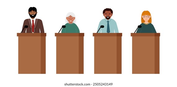 Set political debates concept. The concept of elections. The concept of voting. Candidates for voting. Speakers speaking behind the podium. 