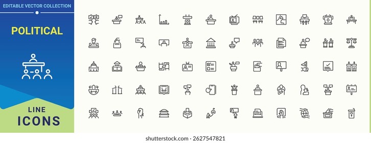 Set of Political line icon. Featuring democracy, government, diplomacy, democrat, politics and more. Minimalist vector collections. Democrat icon set. Vector illustration. Pixel perfect.