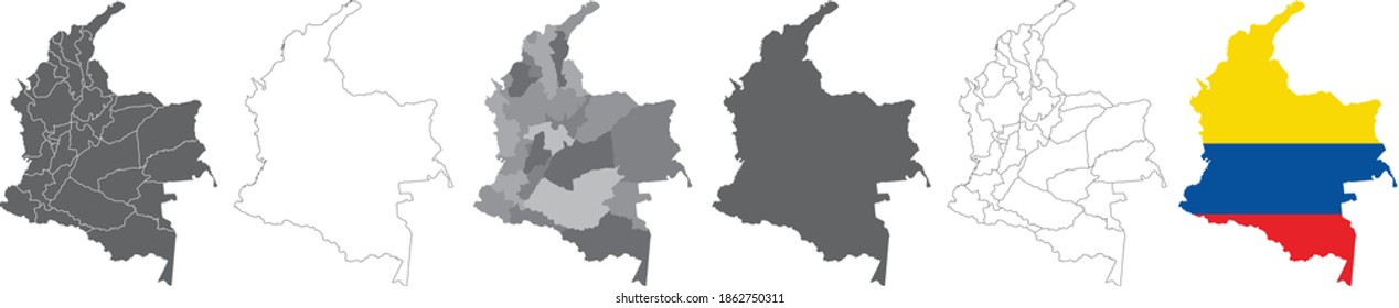 set of political maps of Columbia with regions and flag map isolated on white background