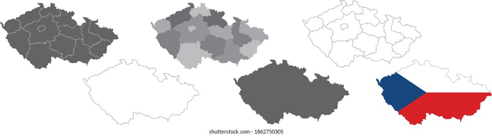 set of political maps of Czech Republic with regions and flag map isolated on white background