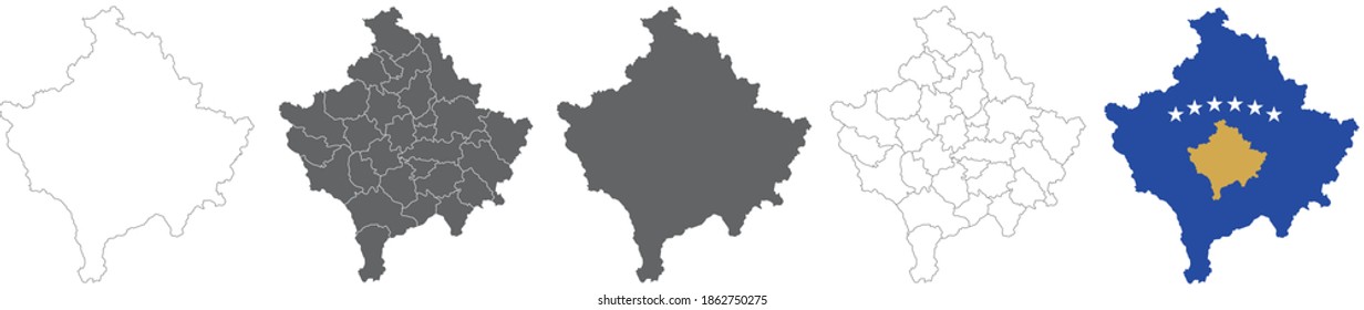 set of political maps of Kosovo with regions and flag map isolated on white background