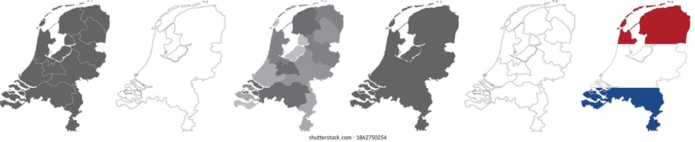 set of political maps of Netherlands with regions and flag map isolated on white background