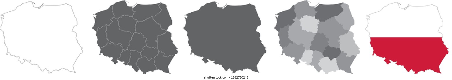 set of political maps of Poland with regions and flag map isolated on white background