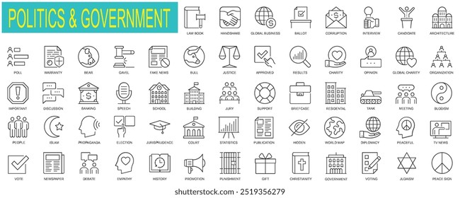 Set of Politics and government web icons in thin line design. Pack of statistics, diplomacy, tv news, debate, election, corruption, ballot, vote, other outline stroke pictograms.