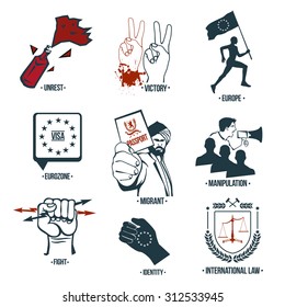 Set politics icons, logos. Vector design elements emigration,  revolution: flag, symbols, legal system, passport.