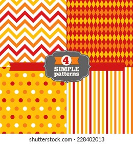 Conjunto de polka Dot, Chevron, Stripes y Harlequin Holiday Patterns en amarillo, naranja, rojo y blanco. Rhombus, zigzag, puntos. Perfecto para fondos de escritorio, rellenos de patrones, fondos de páginas web, textiles 
