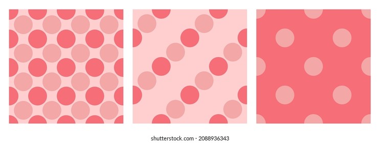 Set of polka dot patterns. Polkadot pink circles for girls. Geometric speckled seamless texture. Large rounded dots with small gap. Regular ornament for girly dresses in retro style. Cute repeat point
