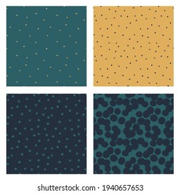 Set of Polka dot repeating backgrounds. Vector dotted seamless patterns in trendy colors. Gold sand, sea green, deep blue.  Card templates.