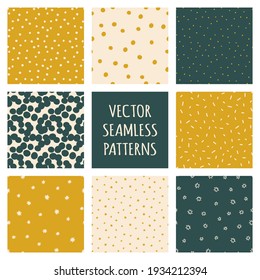 Satz von Polodot nahtlosen Mustern. Vektorhintergründe mit Punkten, Sternen, Sprinkle Doodles, Konfetti. Trendfarben grün, golden, pastellbeige. Kartenvorlagen für Scrapbook.