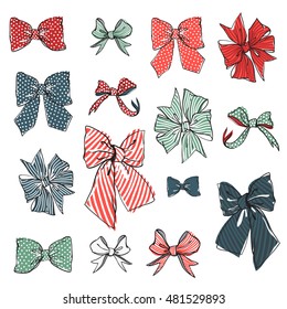 Set of polka dot and striped bows. Collection of fashion hand drawn bow illustration for design wedding, bridal, birthday, Valentine's day, new year, Christmas cards and invitation. Vector. Isolated