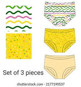Set von Polka Punkt Unterhose und Streifen. Mädchenmesser, technische Skizze. Modekatalogdesign. Kinderhosen-Vorlage. Vordere Ansicht. Technische Vektorgrafik CAD.