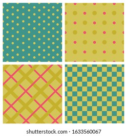Set of Polka Dots and Checkered Seamless Patterns. Background with Green, Olive, and Red Squares and Checks. Pop Art Backdrop, Cute Wallpaper, Multicolored Wrapping Paper. Cartoon Vector Illustration