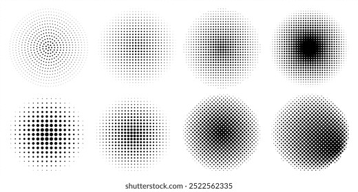 Set polka dots circle halftone white background gradient abstract pattern. Vector texture illustration in pop art cartoon sport style. Line wave point grunge modern.