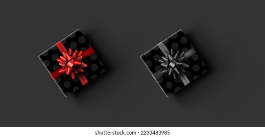 Set of polka-dot gift boxes with beautiful bow. Vector holiday illustration.