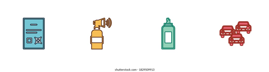 Set Poll document, Air horn, Paint spray can and Traffic jam icon. Vector.
