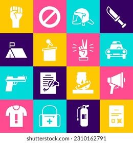 Set Poll document, Megaphone, Police car and flasher, helmet, Stage stand or tribune, Protest camp, Raised hand with clenched fist and Hand showing two finger icon. Vector