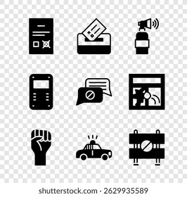 Set Poll document, Vote box, Air horn, Raised hand with clenched fist, Police car flasher, Road barrier, assault shield and Speech bubble chat icon. Vector