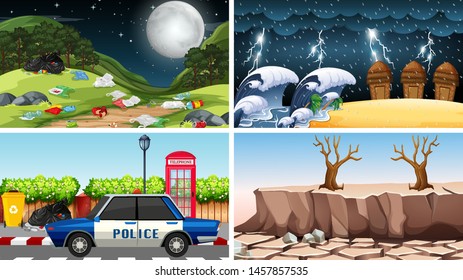 Set of polluted scenes illustration