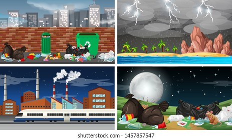 Set of polluted scenes illustration