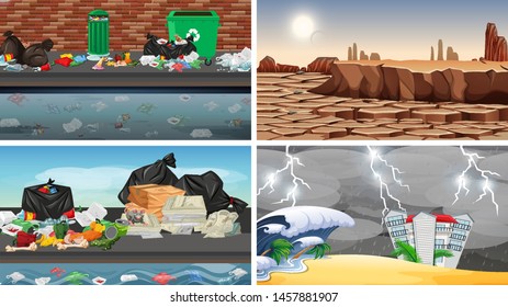 Set of polluted scenes illustration