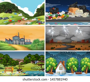Set of polluted scenes illustration