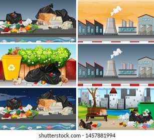 Set of polluted scenes illustration
