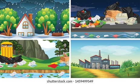 Set of polluted scenes illustration