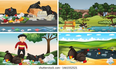 Set of polluted scenes illustration