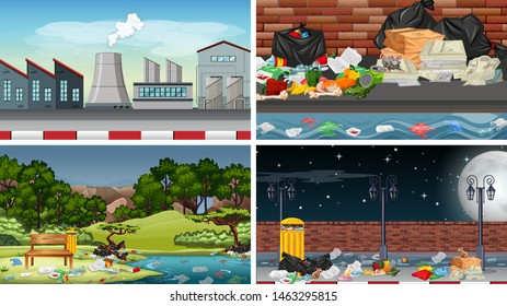 Set of polluted scenes illustration