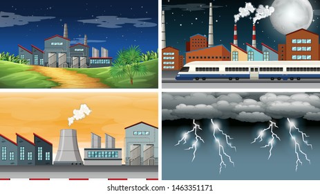 Set of polluted scenes illustration