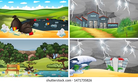Set of polluted scenes illustration