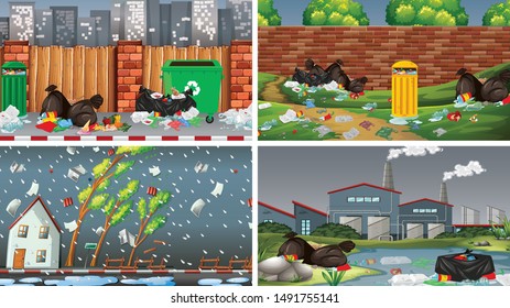 Set of polluted scenes illustration