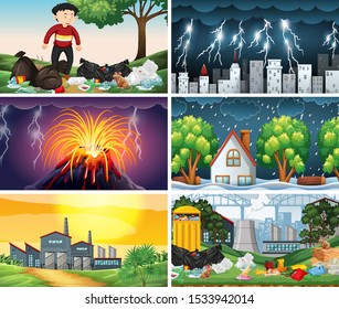 Set of polluted scenes illustration