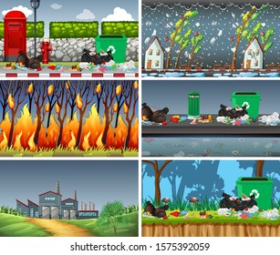 Set of polluted scenes illustration